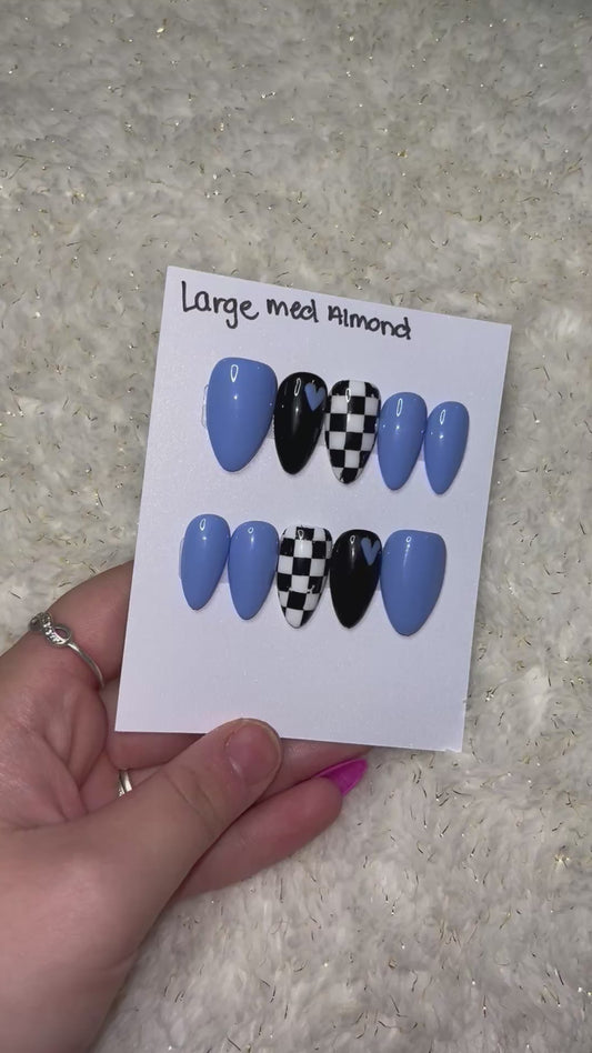 Black checkerboard, and blue hearts